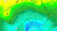 Modelled 850 hPa temperature and mean sea level pressure (MSLP) showing cold air being driven over southeastern Australia on Sunday, June 8, 2025.