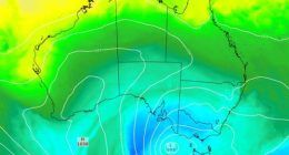 Modelled 850 hPa temperature and mean sea level pressure (MSLP) showing cold air being driven over southeastern Australia on Sunday, June 8, 2025.