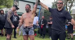 Pictured: UFC star Dan Hooker (left, in baseball cap and singlet) watches as gang member Jon Paul 'Fightdog' Te Rito is awarded a win in his backyard fight fest in Auckland