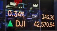 A monitor displays stock market information on the floor of the New York Stock Exchange