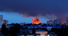 Smoke and fire rising from a Russian strike in Kyiv, Ukraine.
