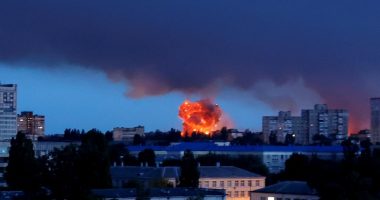 Smoke and fire rising from a Russian strike in Kyiv, Ukraine.