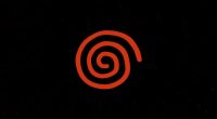 Red, hand-drawn-looking spiral shape against black background.