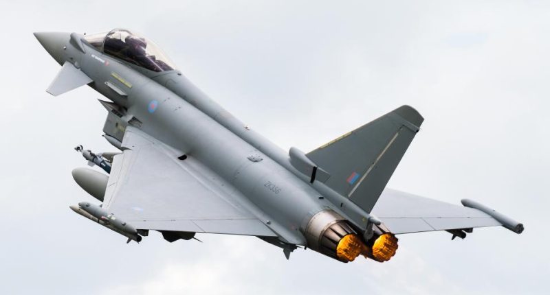 KFYW10 A Eurofighter Typhoon twin-engine fighter jet of the Royal Air Force at RAF Fairford.