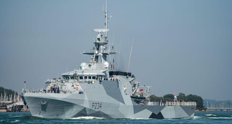 HMS Spey (P234) departing Portsmouth.