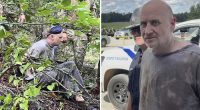 This combo of images released by the Arkansas Department of Corrections shows the recapture of escaped inmate Grant Hardin, an ex-police chief and convicted killer, by Arkansas law enforcement officers and the U.S. Border Patrol , Friday, June 6, 2025, near Moccasin Creek in Izard County,  about 1.5 miles (2.4 kilometers) northwest of Calico Rock prison. in Calico Rock, Ark. (Arkansas Department of Corrections via AP)