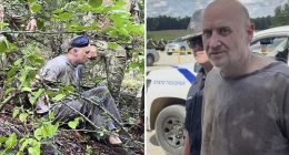 This combo of images released by the Arkansas Department of Corrections shows the recapture of escaped inmate Grant Hardin, an ex-police chief and convicted killer, by Arkansas law enforcement officers and the U.S. Border Patrol , Friday, June 6, 2025, near Moccasin Creek in Izard County,  about 1.5 miles (2.4 kilometers) northwest of Calico Rock prison. in Calico Rock, Ark. (Arkansas Department of Corrections via AP)