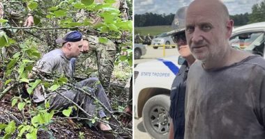 This combo of images released by the Arkansas Department of Corrections shows the recapture of escaped inmate Grant Hardin, an ex-police chief and convicted killer, by Arkansas law enforcement officers and the U.S. Border Patrol , Friday, June 6, 2025, near Moccasin Creek in Izard County,  about 1.5 miles (2.4 kilometers) northwest of Calico Rock prison. in Calico Rock, Ark. (Arkansas Department of Corrections via AP)