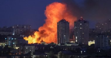 Fire and smoke rising from a building in Kyiv, Ukraine, after a Russian drone strike.