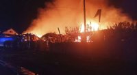 This photo provided by the Ukrainian Emergency Service, shows the fire following Russia's drone attack in the Pryluky, Chernihiv region, Ukraine, Thursday, June 5, 2025. (Ukrainian Emergency Service via AP)