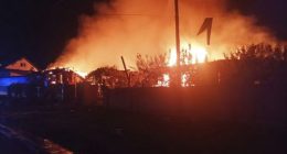 This photo provided by the Ukrainian Emergency Service, shows the fire following Russia's drone attack in the Pryluky, Chernihiv region, Ukraine, Thursday, June 5, 2025. (Ukrainian Emergency Service via AP)