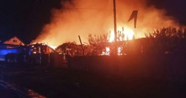This photo provided by the Ukrainian Emergency Service, shows the fire following Russia's drone attack in the Pryluky, Chernihiv region, Ukraine, Thursday, June 5, 2025. (Ukrainian Emergency Service via AP)