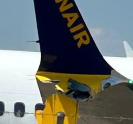 Damaged Ryanair plane wing after crash landing.