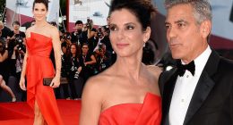 Sandra Bullock stuns in a scarlet strapless dress as she joins George Clooney at the Venice Film Festival premiere of Gravity