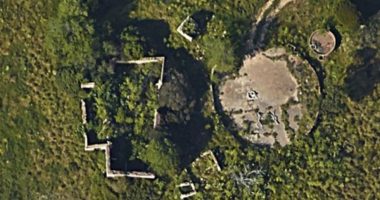 Aerial view of overgrown ruins of a barn and farmhouse.