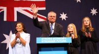 Prime Minister of Australia Scott Morrison, flanked by his wife Jenny Morrison and daughters Lily Morrison and Abbey Morrison concedes defeat following the results of the Federal Election during the Liberal Party election night event at the Fullerton Hotel on May 21, 2022 in Sydney, Australia.