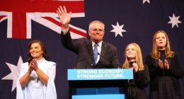 Prime Minister of Australia Scott Morrison, flanked by his wife Jenny Morrison and daughters Lily Morrison and Abbey Morrison concedes defeat following the results of the Federal Election during the Liberal Party election night event at the Fullerton Hotel on May 21, 2022 in Sydney, Australia.