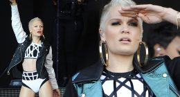 She's flip reversed it! Jessie J wears the SAME monochrome bralet and pant combination on second day of V Festival... just in different colours