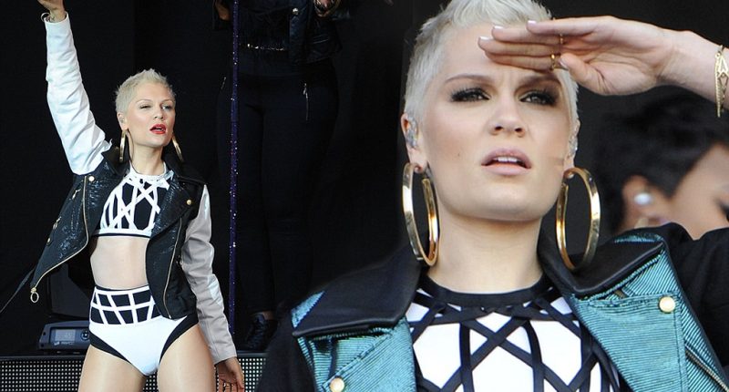 She's flip reversed it! Jessie J wears the SAME monochrome bralet and pant combination on second day of V Festival... just in different colours