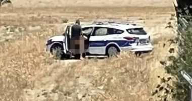 Two police officers engaging in sexual activity near a police car.