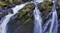Water cascading over moss-covered rocks.