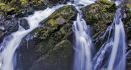 Water cascading over moss-covered rocks.