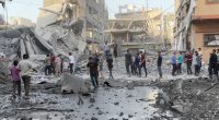 Destruction and people surveying the damage in Gaza City after Israeli airstrikes.