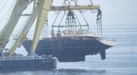 This is the specially built cradle that will hold the wreck of the £25million superyacht Bayesian