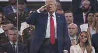 WASHINGTON, DC - JUNE 14: U.S. President Donald Trump salutes as members of the U.S Army participate in the 250th birthday parade of the U.S. Army June 14, 2025 in Washington, DC. The U.S. Army is marking its 250th birthday with a military parade including roughly 6,600 troops, 150 vehicles, and over 50 aircraft.  The parade, which coincides with President Donald Trump's 79th birthday, is designed to tell the history of the Army. (Photo by Andrew Harnik/Getty Images)
