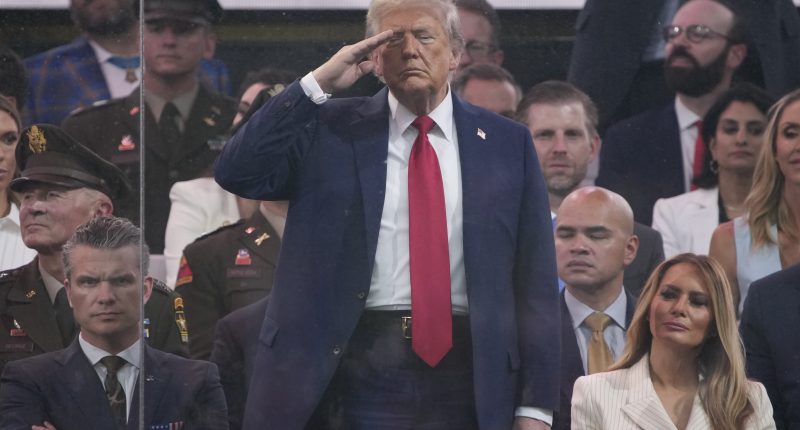 WASHINGTON, DC - JUNE 14: U.S. President Donald Trump salutes as members of the U.S Army participate in the 250th birthday parade of the U.S. Army June 14, 2025 in Washington, DC. The U.S. Army is marking its 250th birthday with a military parade including roughly 6,600 troops, 150 vehicles, and over 50 aircraft.  The parade, which coincides with President Donald Trump's 79th birthday, is designed to tell the history of the Army. (Photo by Andrew Harnik/Getty Images)