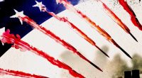 Ann Kiernan illustration of the US flag, with the red stripes shown as vapour trails behind missiles heading towards an industrial complex