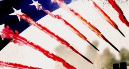 Ann Kiernan illustration of the US flag, with the red stripes shown as vapour trails behind missiles heading towards an industrial complex
