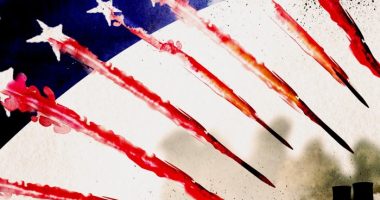 Ann Kiernan illustration of the US flag, with the red stripes shown as vapour trails behind missiles heading towards an industrial complex