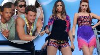 Their biggest fans: Marvin Humes and Ben Foden watch their partners on stage as The Saturdays entertain V Festival (and Niall Horan shows his support, too)