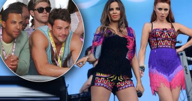 Their biggest fans: Marvin Humes and Ben Foden watch their partners on stage as The Saturdays entertain V Festival (and Niall Horan shows his support, too)