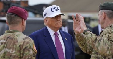President Donald Trump ilistens during a tour at Fort Bragg, Tuesday, June 10, 2025, in Fort Bragg, N.C. (AP Photo/Alex Brandon)