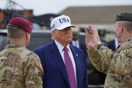 President Donald Trump ilistens during a tour at Fort Bragg, Tuesday, June 10, 2025, in Fort Bragg, N.C. (AP Photo/Alex Brandon)