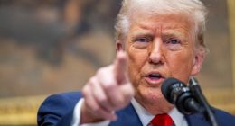 President Donald Trump speaking at a podium.