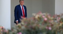 President Donald Trump walks out of the Oval Office and views the Rose Garden construction before boarding Marine One on the South Lawn of the White House on Friday, June 20, in Washington, DC.
