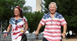 Couple walking near the Washington Monument.