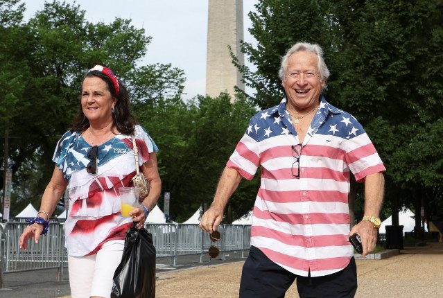 Couple walking near the Washington Monument.