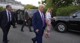 President Donald Trump and first lady Melania Trump walk after greeting guests during the congressional picnic on the South Lawn of the White House, Thursday, June 12, 2025, in Washington. (AP Photo/Alex Brandon)