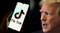 A split image showing the TikTok logo on a smartphone and Donald Trump speaking.
