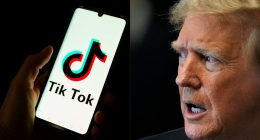 A split image showing the TikTok logo on a smartphone and Donald Trump speaking.