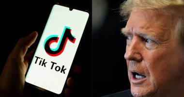 A split image showing the TikTok logo on a smartphone and Donald Trump speaking.