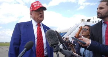 President Donald Trump speaks with reporters upon arriving at Morristown Municipal Airport in Morristown, N.J., Friday, June 20, 2025. (AP Photo/Manuel Balce Ceneta)
