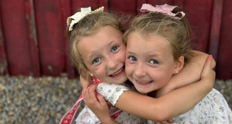 Twin girls hugging in front of a red wooden wall.