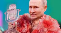 Illustration of Vladimir Putin holding a Eurovision Song Contest trophy while wearing a pink fluffy garment.