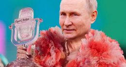 Illustration of Vladimir Putin holding a Eurovision Song Contest trophy while wearing a pink fluffy garment.
