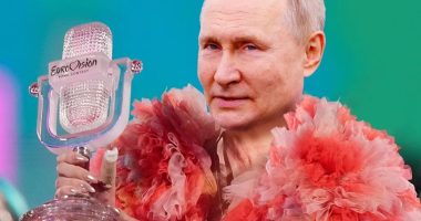 Illustration of Vladimir Putin holding a Eurovision Song Contest trophy while wearing a pink fluffy garment.